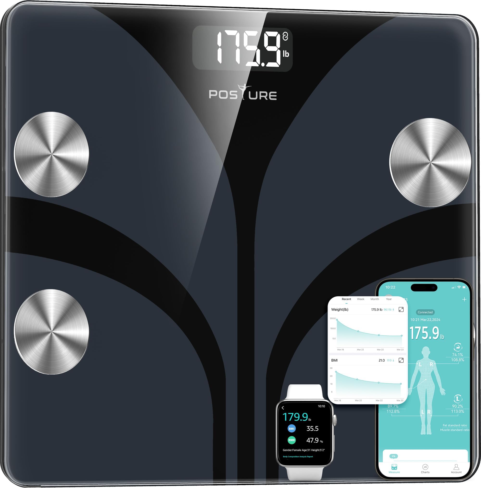 - Posture Scale for Body Weight, Digital Bathroom Smart Scale, 13 Body Composition Analyzer Sync Weight Scale BMI Health Monitor Sync Apps 400lbs - Black