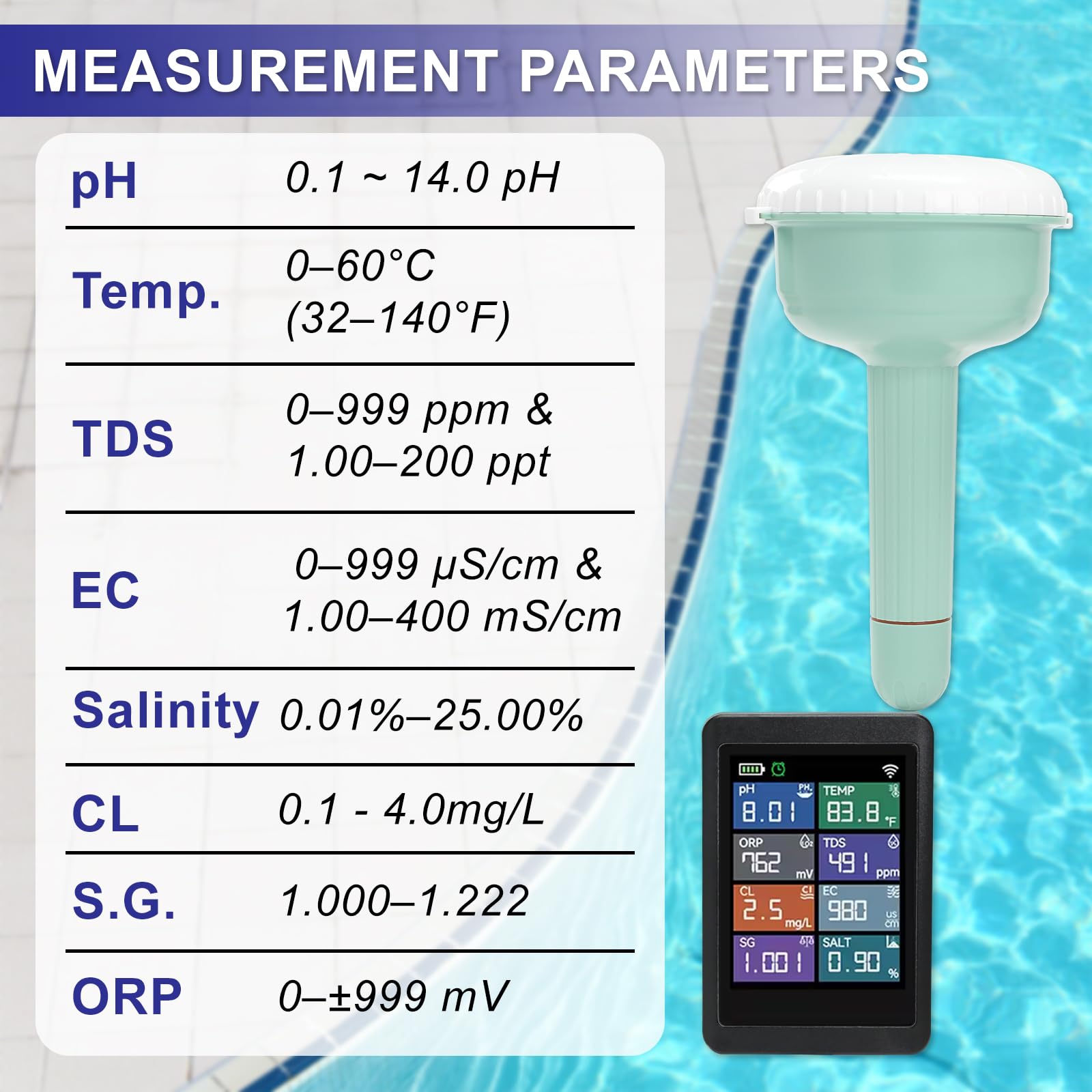 Smart WiFi Wasserqualitätstester, 8-in-1 digitales pH TDS EC Messgerät, Chlor Salzgehalt ORP S.G. Temperatur Multi-Parameter Monitor, Tuya App Echtzeit-Fernüberwachung für Pools, Aquarien, Spas