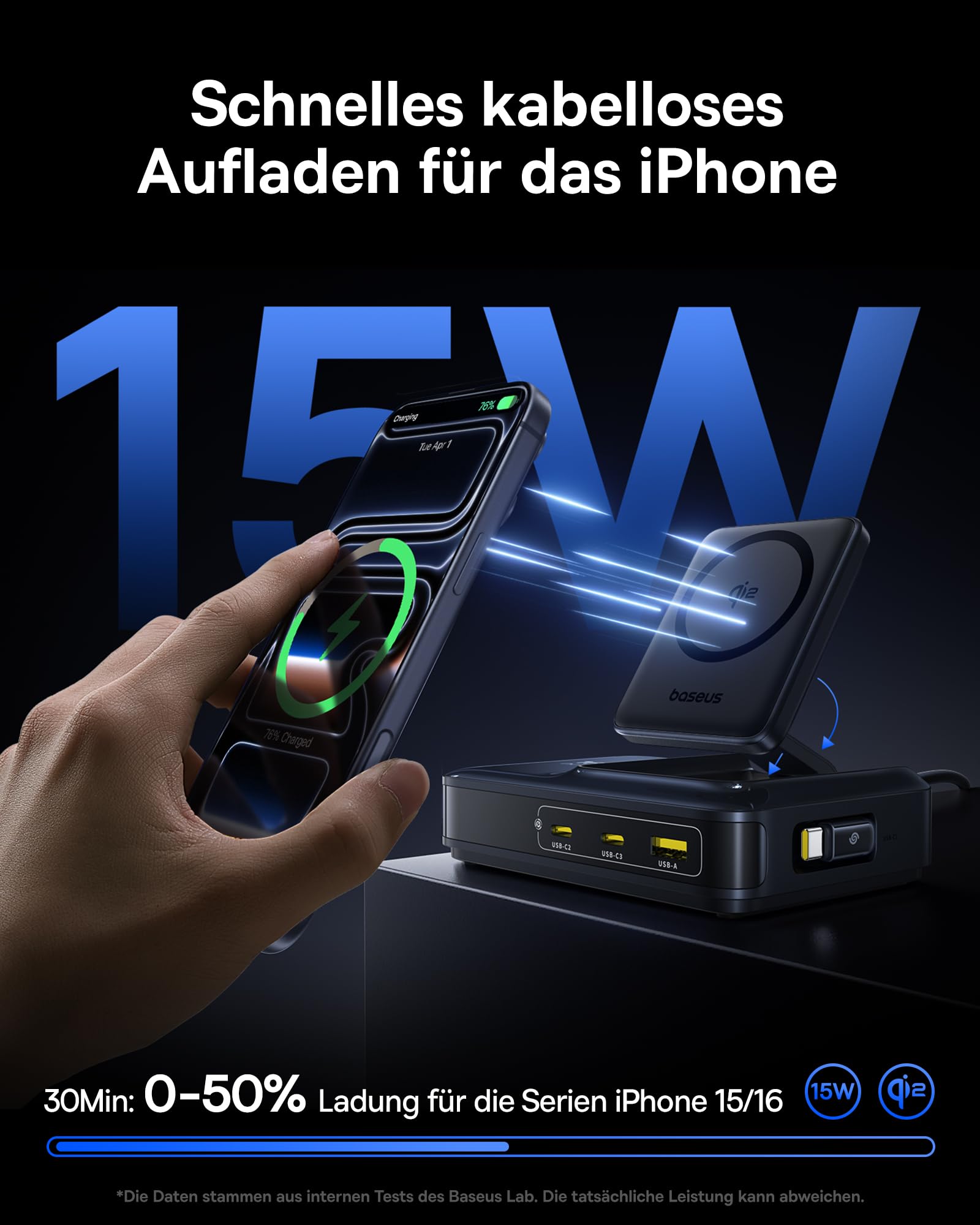 Baseus USB Magsafe ladegerät 160W, Wireless Charger Qi2 Magsafe Ladestation 5 In 1 iPhone Ladestation Charging Station mit iPhone 17-12 Serie, MacBook Pro/Air, iPad Pro usw