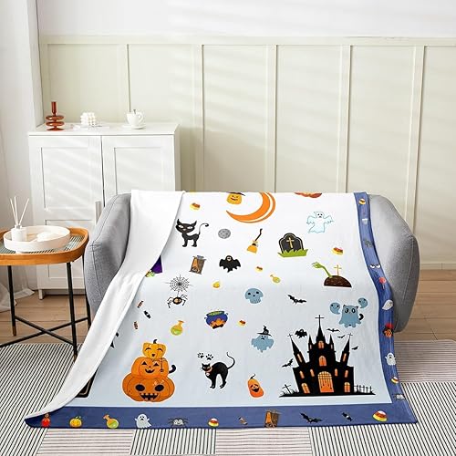 Manta de vellón de Feliz Halloween, manta de felpa de fantasma de calabaza de dibujos animados para niños y adolescentes, bonita decoración de