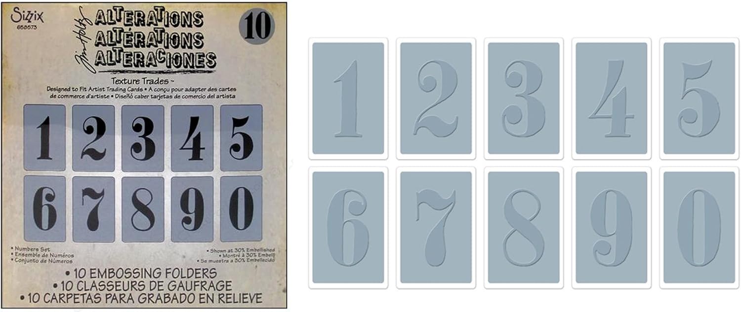 Sizzix Numbers Set by Tim Holtz Texture Trades Embossing Folders, Pack of 10, Multi-Color