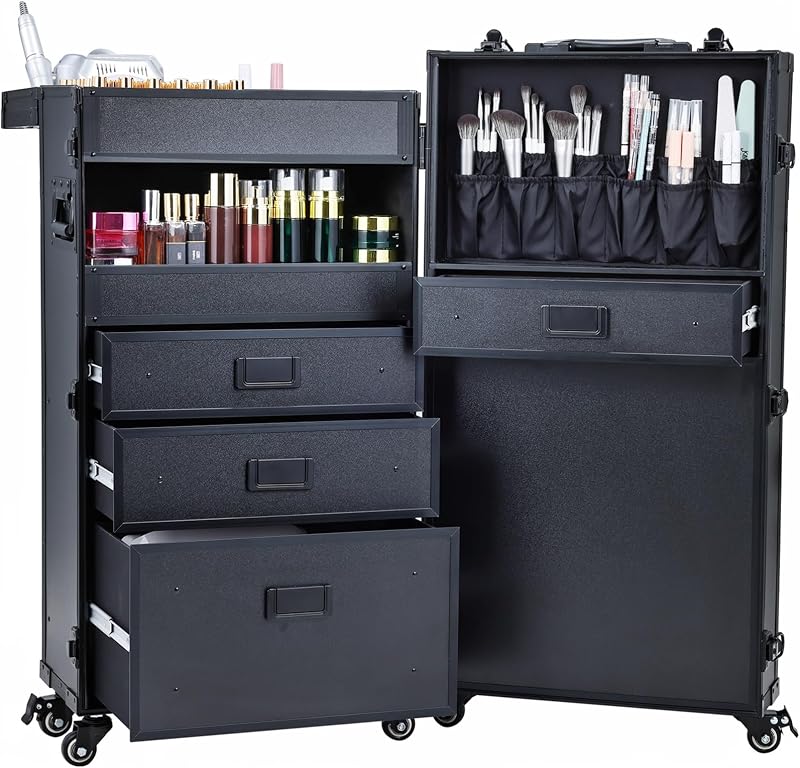 Estación celular para tecnología de uñas y estuche de maquillaje con ruedas con cajones - Estuche de viaje para uñas con cerradura para tecnología de uñas, estuche de cosmetología con ruedas, carrito de salón y estación de trabajo para tatuajes