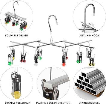 The Sock Dryer, Drying Hanger, Stainless Steel, Clothes Airer with 10 Clothes Pegs for Underwear, Socks, Set of 2, Foldable