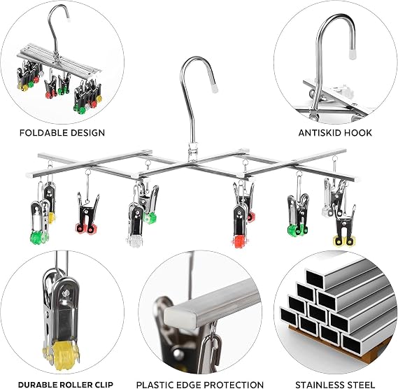 The Sock Dryer, Drying Hanger, Stainless Steel, Clothes Airer with 10 Clothes Pegs for Underwear, Socks, Set of 2, Foldable