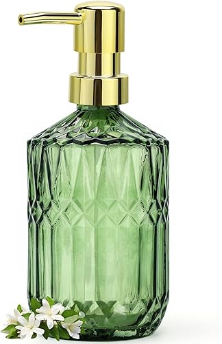 Vista 6 de Dispensador de jabón de vidrio verde (15.4 oz, paquete de 2), juego de dispensadores de jabón para manos y platos de cocina con bomba dorada a