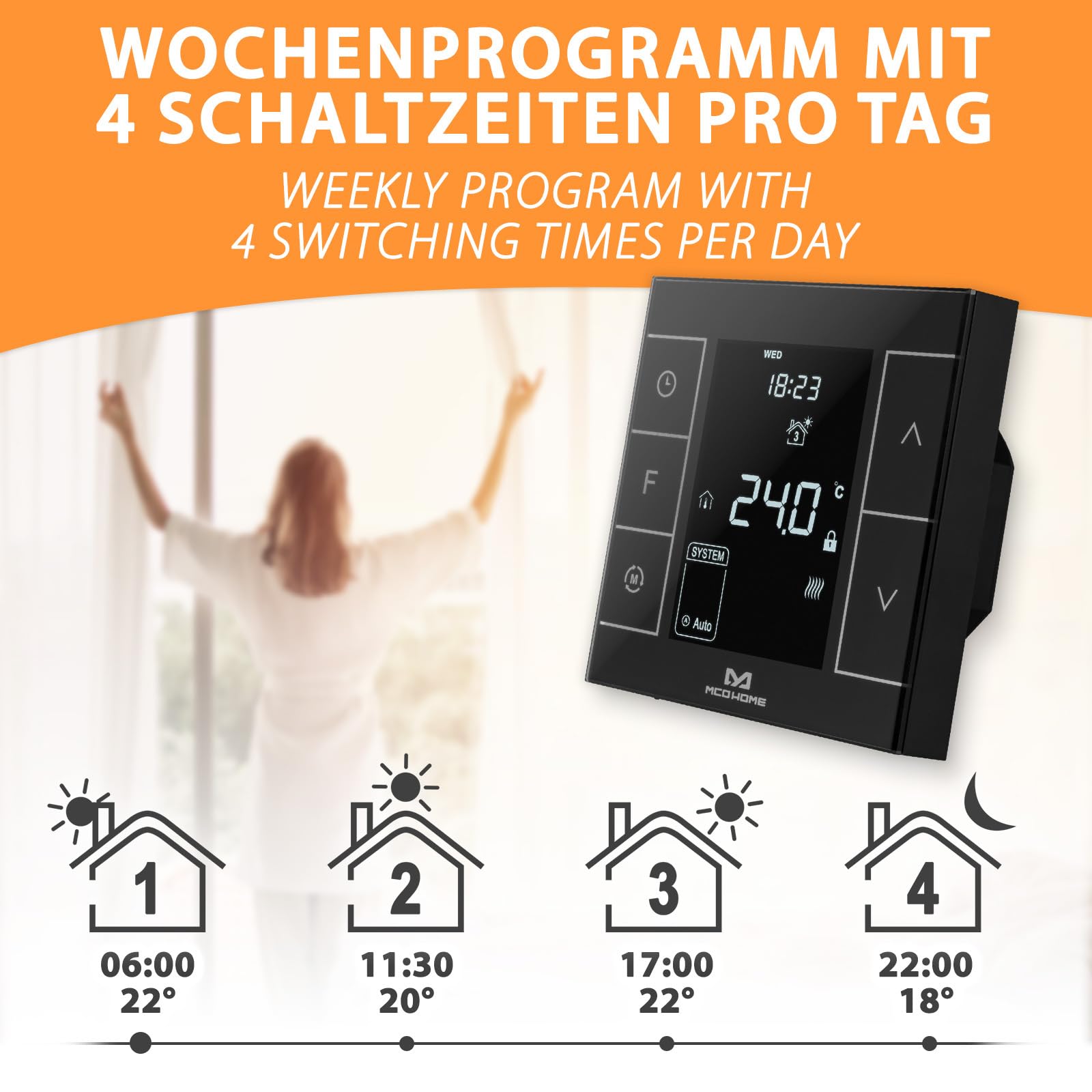 MCO Home Z-Wave MH7H-EH - Termostato para calefacción por suelo radiante y calefacción por infrarrojos, compatible con Z-Wave, color negro