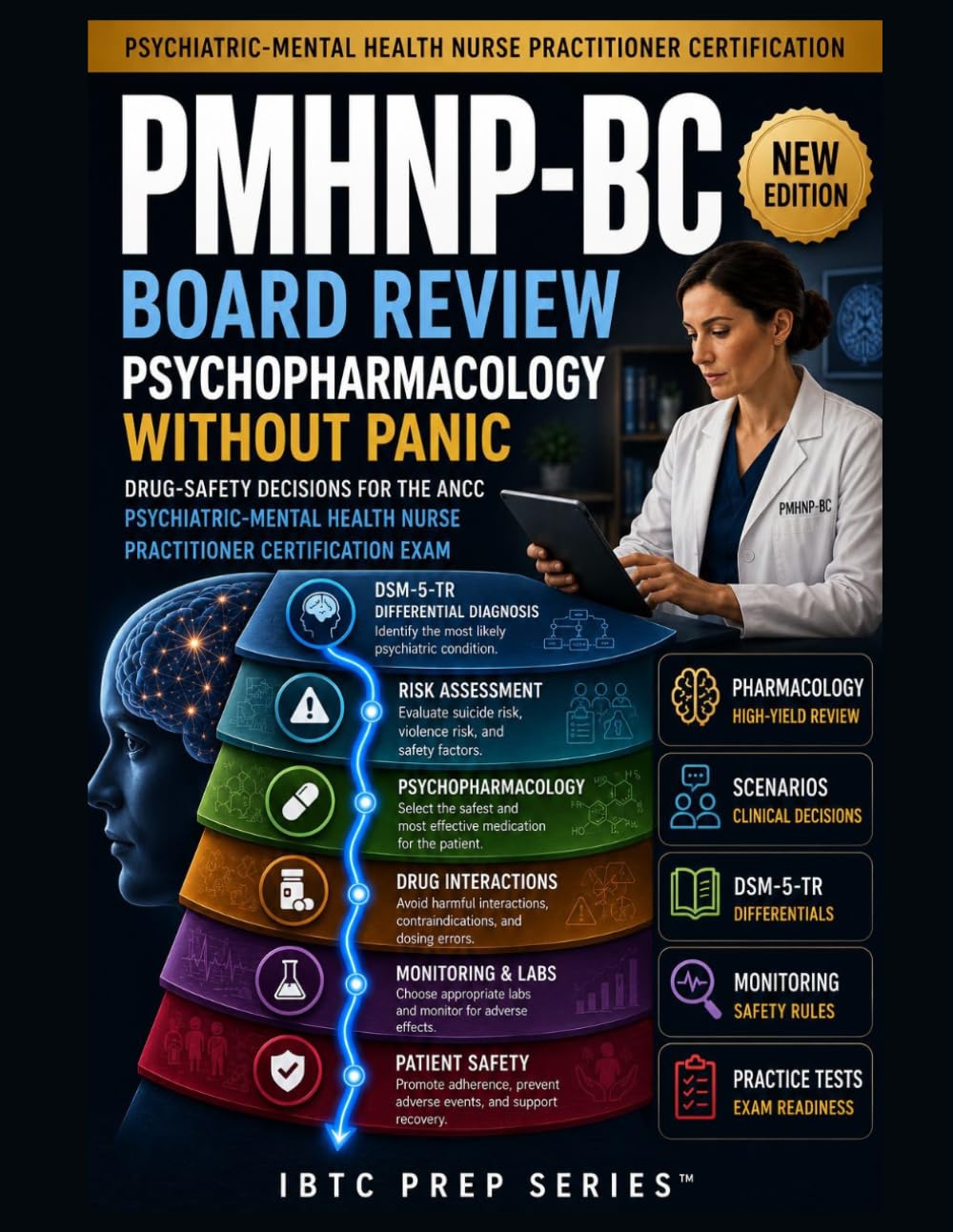 PMHNP-BC BOARD REVIEW: PSYCHOPHARMACOLOGY WITHOUT PANIC: DRUG-SAFETY DECISIONS FOR THE ANCC PSYCHIATRIC-MENTAL HEALTH NURSE PRACTITIONER CERTIFICATION EXAM