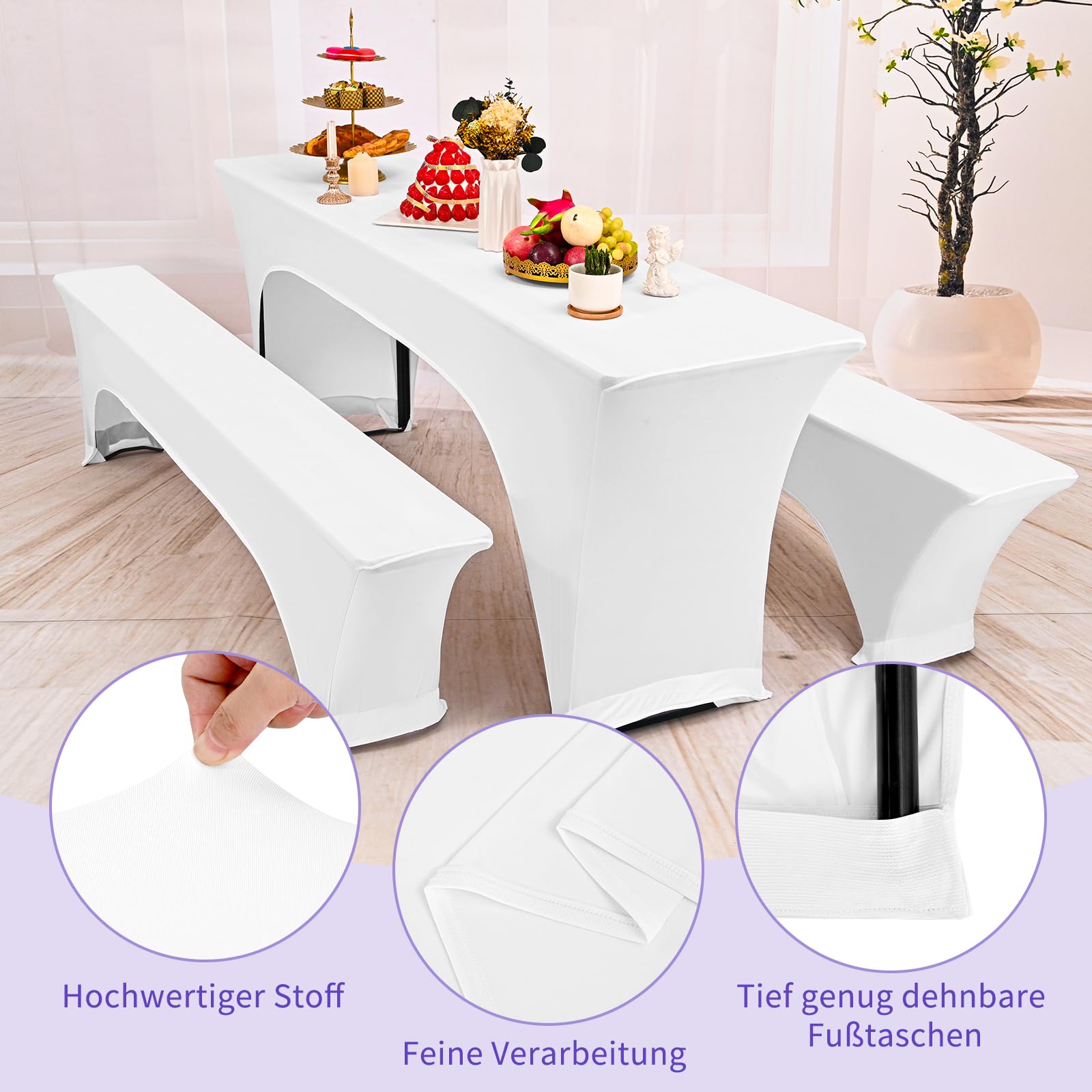 Showgeous 3 Stück weiße Biertischhussen Stretch-Biertisch- und Hockerhussen-Set für 50 cm Tischbreite Bierzelt-Set 220 x 50 x 80 cm für Bankett-Gartenmöbel im Freien