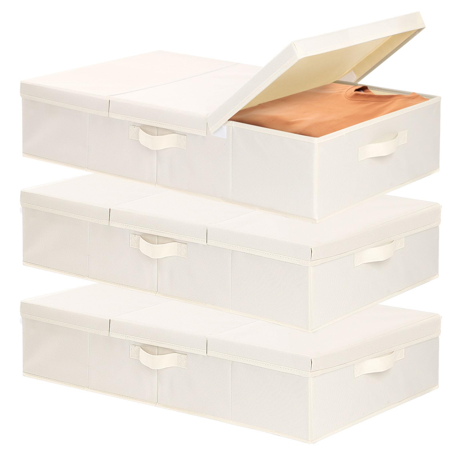 Set de 3 Bolsas Almacenaje Ropa con Tapa,Beige,60×30×15cm | Contenedores de Almacenamiento Tela, Almacenaje Bajo Cama, Cajas Organizadoras para Guardar Mantas, Edredones