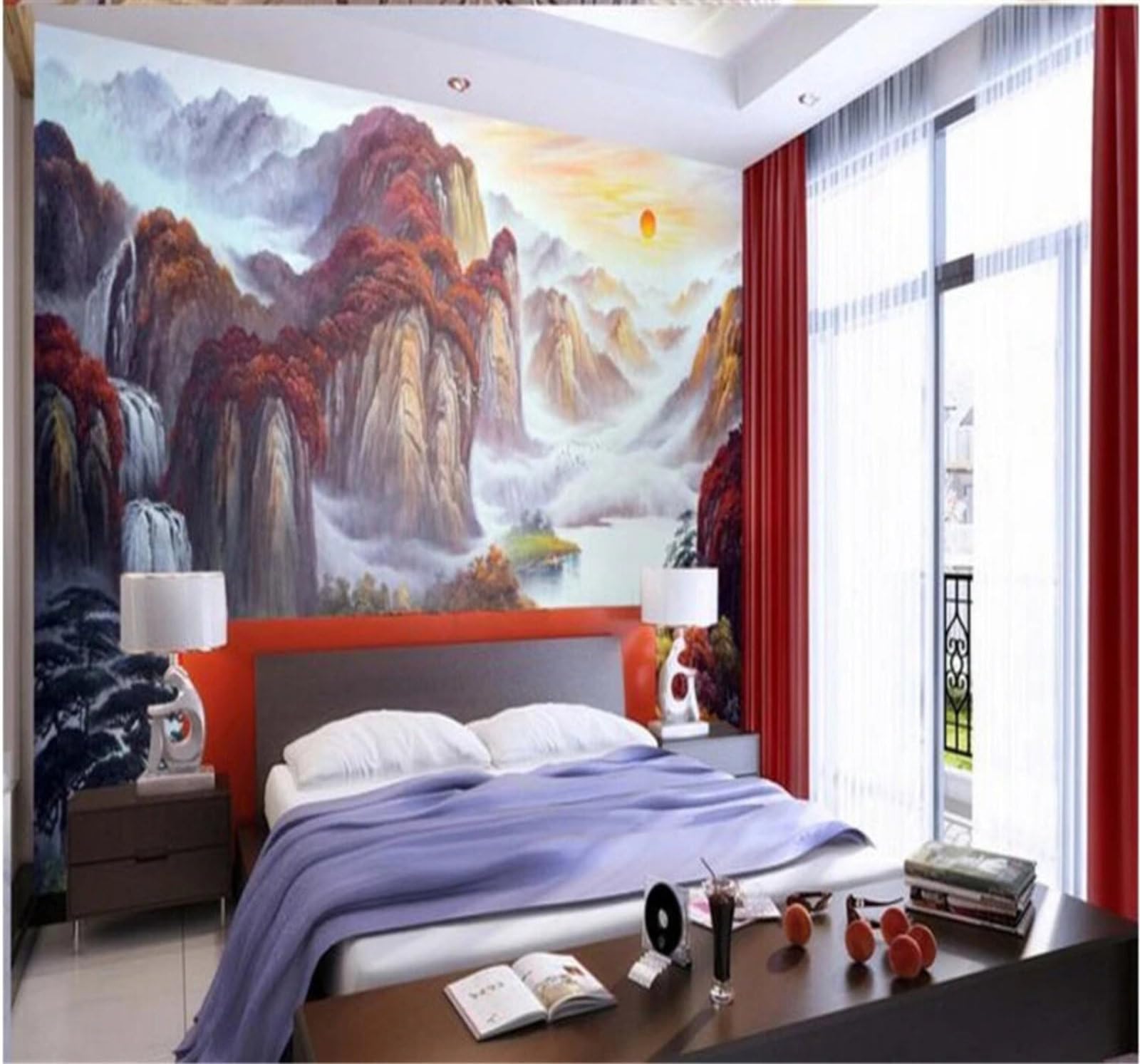Xlming 350Cm×256Cm(B×H) Beautiful Sunrise Ink Wash Landscape Scenery 3D Wallpaper Luxury Silk Study Dining Feature Sofa Grey Bedroom Living Room Tv Decorative Wall-350Cm×256Cm