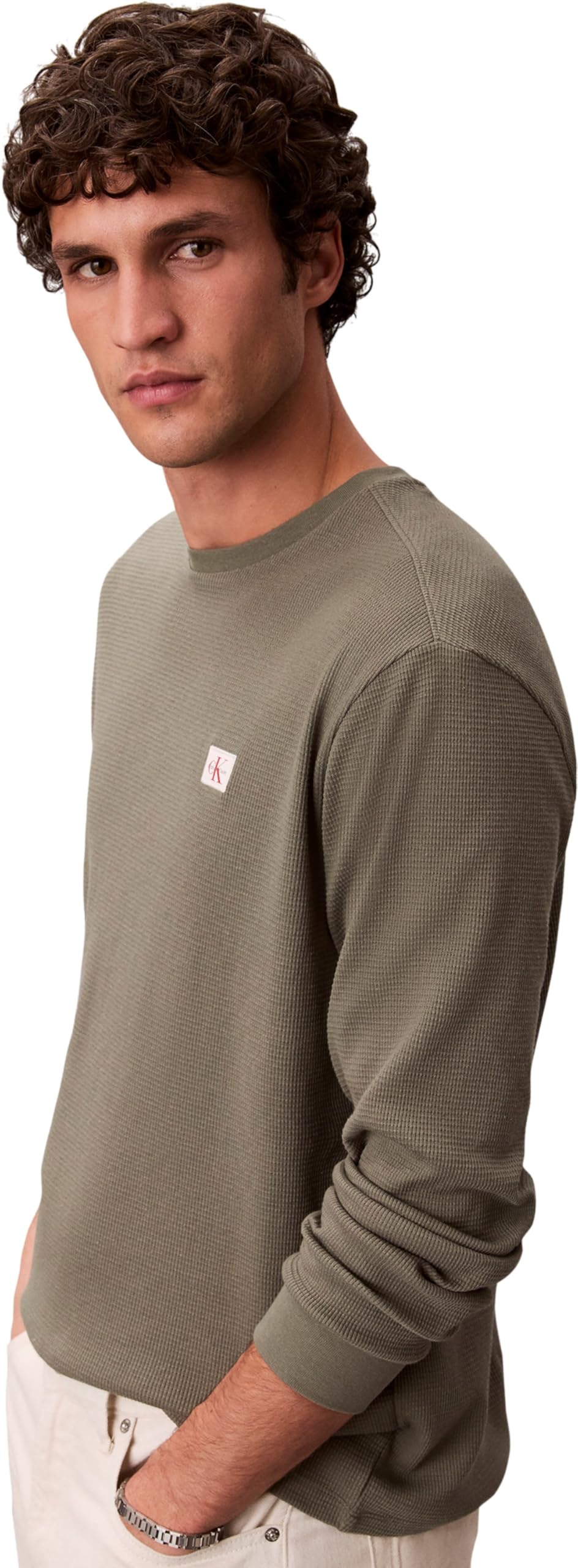 Calvin Klein Men's Ls Waffle Badge Crewnk Tee Lv040Em217 Tees, Beige (Dusty Olive), XXL