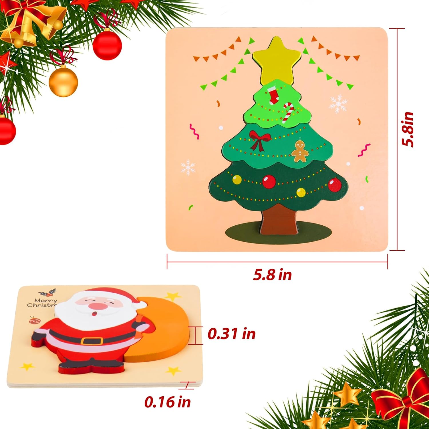 Christmas Wooden Puzzles for Toddlers, Baby Jigsaw Puzzles for 1 2 3 Years-Old Boys and Girls, Set of 4 Montessori Toys with Large Pieces Safe for Kids