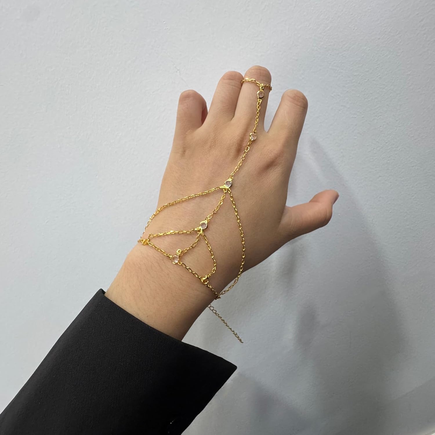 CZ Diamond Finger Ring Bracelet Hand Chain for Women, 14K Gold Plated Slave Bracelets - Image 2