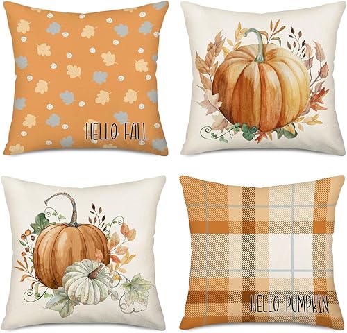 Miniatura 1 de Smilyard Juego de 4 fundas de almohada de Hello Fall Hello Pumpkin de 22 x 22 pulgadas, diseño de búfalo naranja, decoración de otoño, hojas de