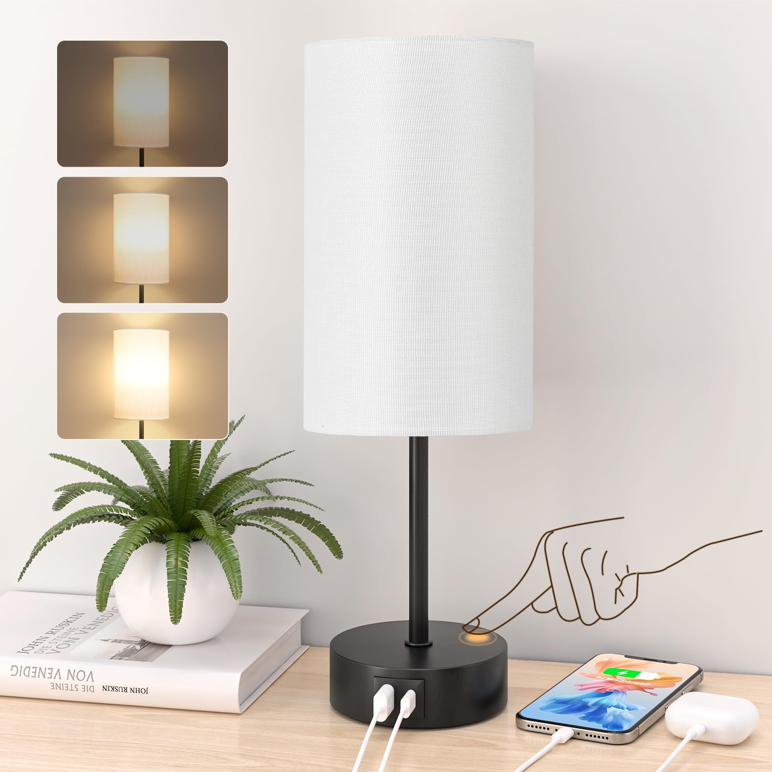 STANBOW Nachttischlampe Touch Dimmbar, Tischlampe mit USB A+C Ladeanschlüssen, Leinen-Lampenschirm, Kleine Lampe für Schlafzimmer, Wohnzimmer, Babyzimmer, Schlafsaal, Heimbüro