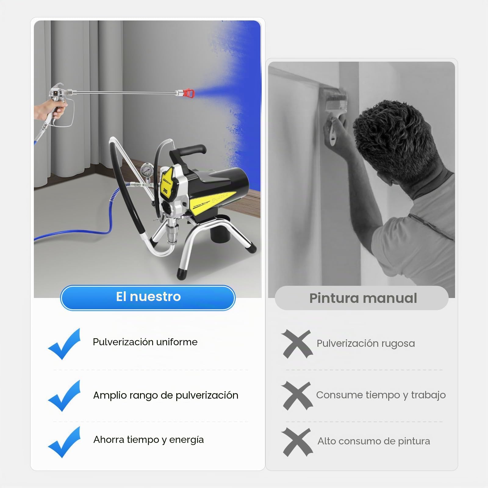 Pistola de pintura de pared Airless con tubo de alta presión y pistola pulverizadora, 1800 W, pulverizador de pintura eléctrico, 3300 PSI Airless para pinturas interiores y exteriores a base de agua y