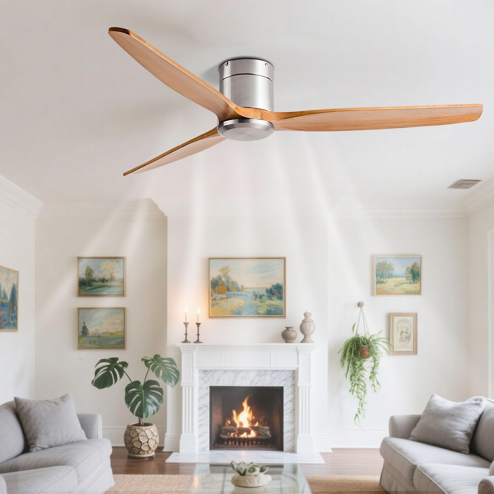 IBalody Low Profile Ceiling Fan No Light 6 Speeds Remote Modern Ceiling Fans Flush Mount Wood Blades Ceiling Fan Without Light For Patios Living Room Bedroom Dining Room