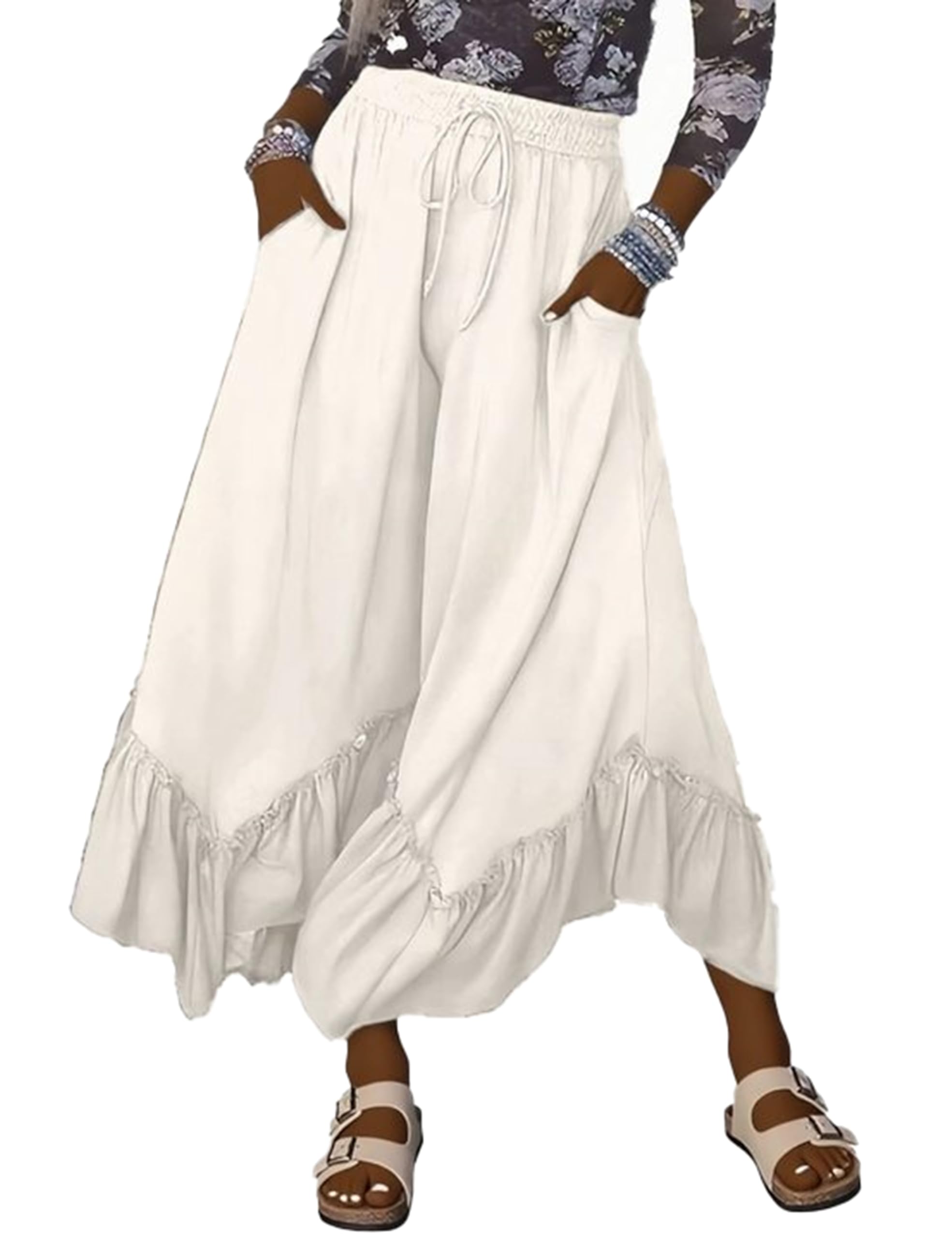 Womens Baggy Wide Leg Palazzo Pants Loose Lounge Ruffled Hem Adjustable Drawstring Culotte Trousers with Pockets