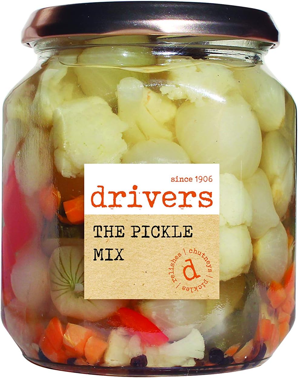 The Pickle Mix - Silverskin Onions - Gherkins - Cauliflower - Red Pepper - Carrots Traditional Driver's Recipe Picklers Since 1906 Gluten-Free Suitable for Vegetarians and Vegans - 550 g Jar