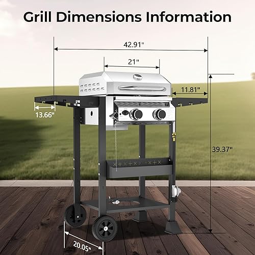 Miniatura 8 de R.W.FLAME G20B - Parrilla de gas propano con 2 quemadores, 16000 BTU de acero inoxidable al aire libre para cocinar con tapa superior, ruedas,
