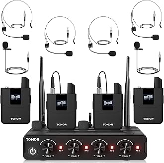 Wireless Microphones System with UHF Headset/Lavalier Lapel Mics, Bodypack Transmitter, Receiver, 4 * 5 Channels, 60M Range for Church Conference Performance Singing Karaoke PA Speaker Mixer