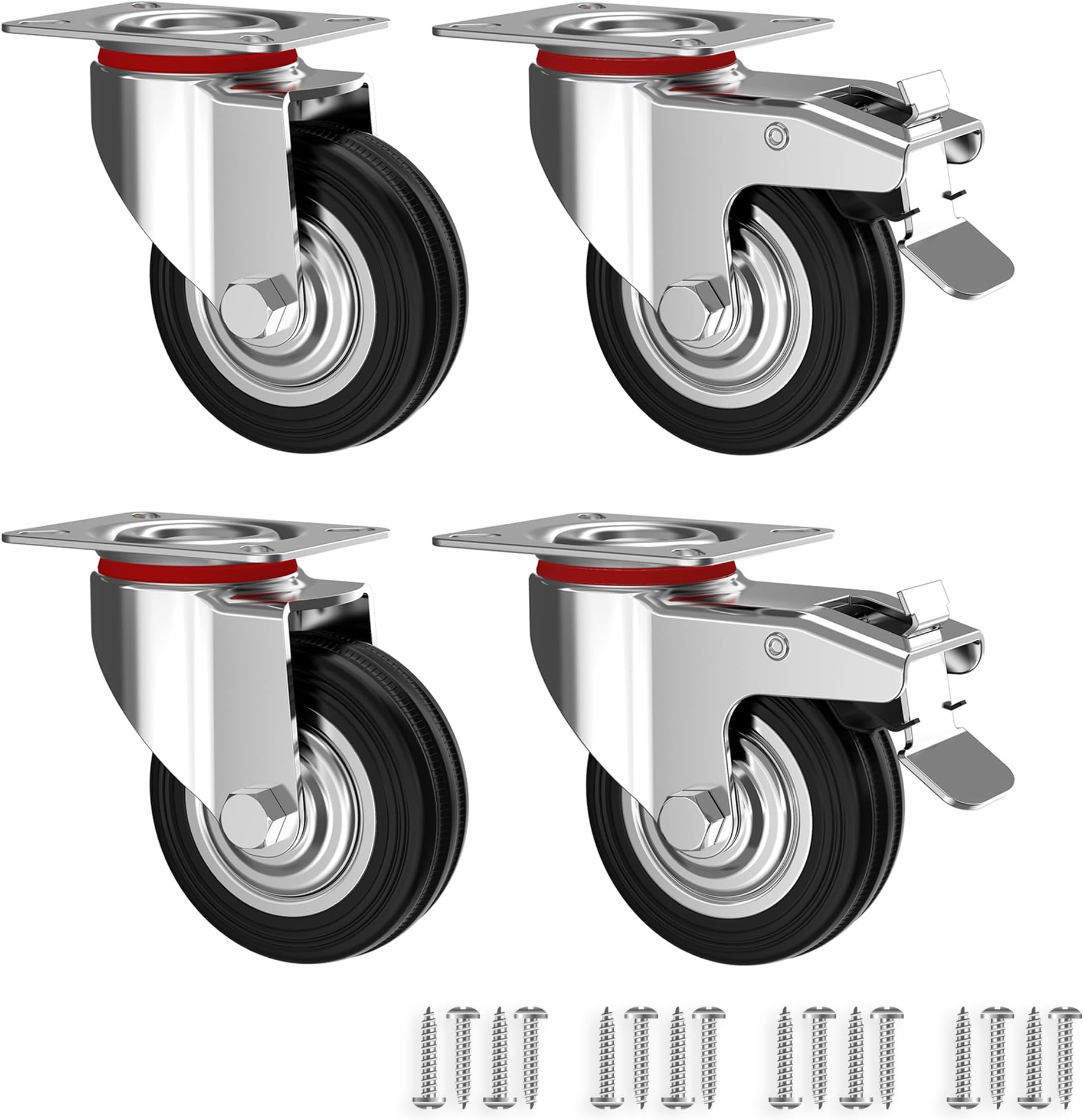 Set of 4 Heavy Duty Castor Wheels 75 mm - Swivel casters with brake up to 50 kg per wheel - Solid rubber Industrial Castors for indoor and outdoor use - Trolley Furniture Castors
