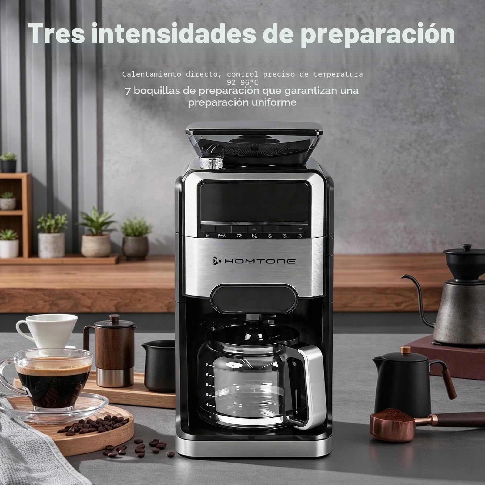 Homtone Cafetera con Molinillo Cónico, Termostato de 24 Horas, Filtro Termostático, Jarra de Vidrio de 12 Tazas, Filtro Metálico Permanente, 1400 W, para Café en Grano y Molido.