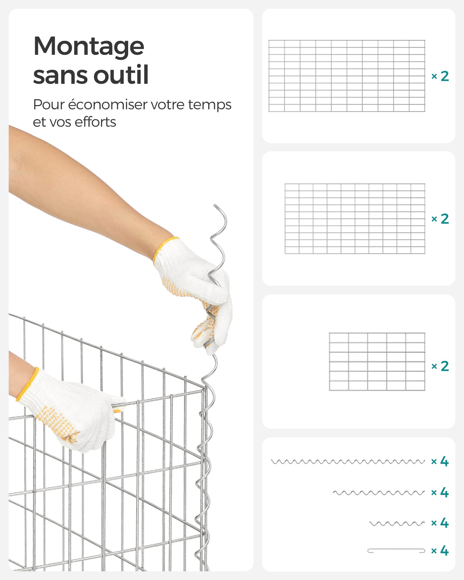 SONGMICS Gabion pour Pierre, Cage en Métal, Panier à Pierre, Maille 5 x 10 cm, Galvanisé, Mur, Paterre, Décoration de Jardin, 100 x 50 x 30 cm, Argent GGB153