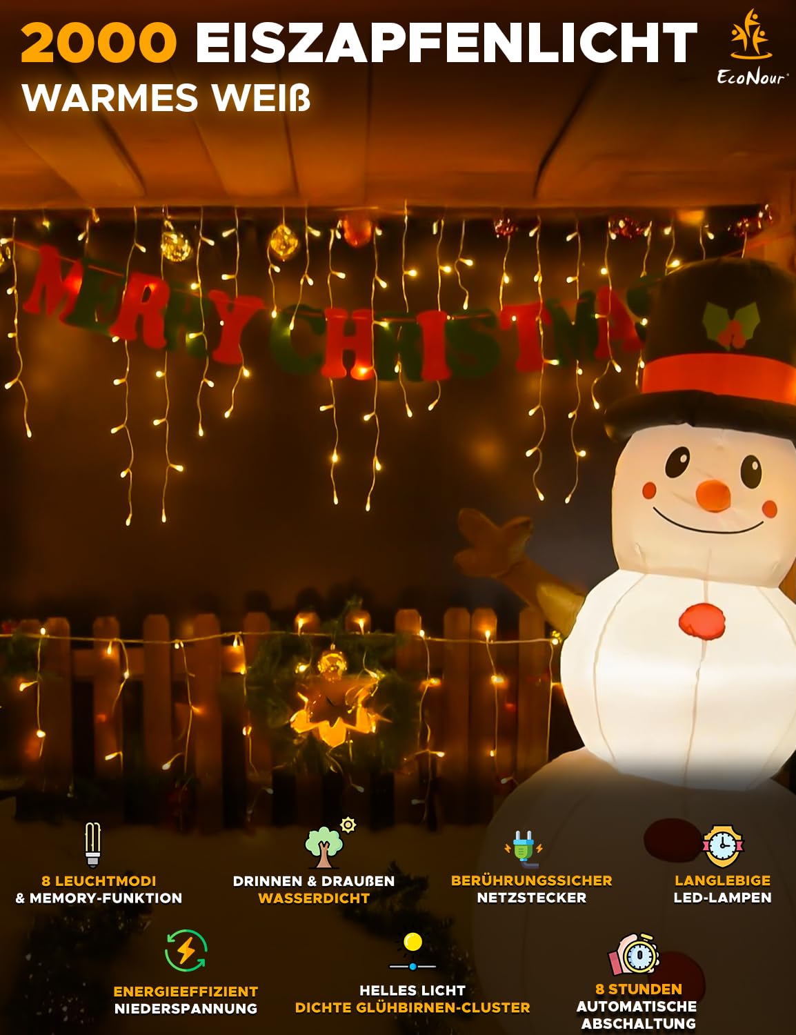 EcoNour Eiszapfen-Lichterkette für den Außenbereich, 2000 LEDs, 60 m, warmweiß, mit Timer für Weihnachten, Garten & Party | Netzbetriebenes, transparentes Kabel
