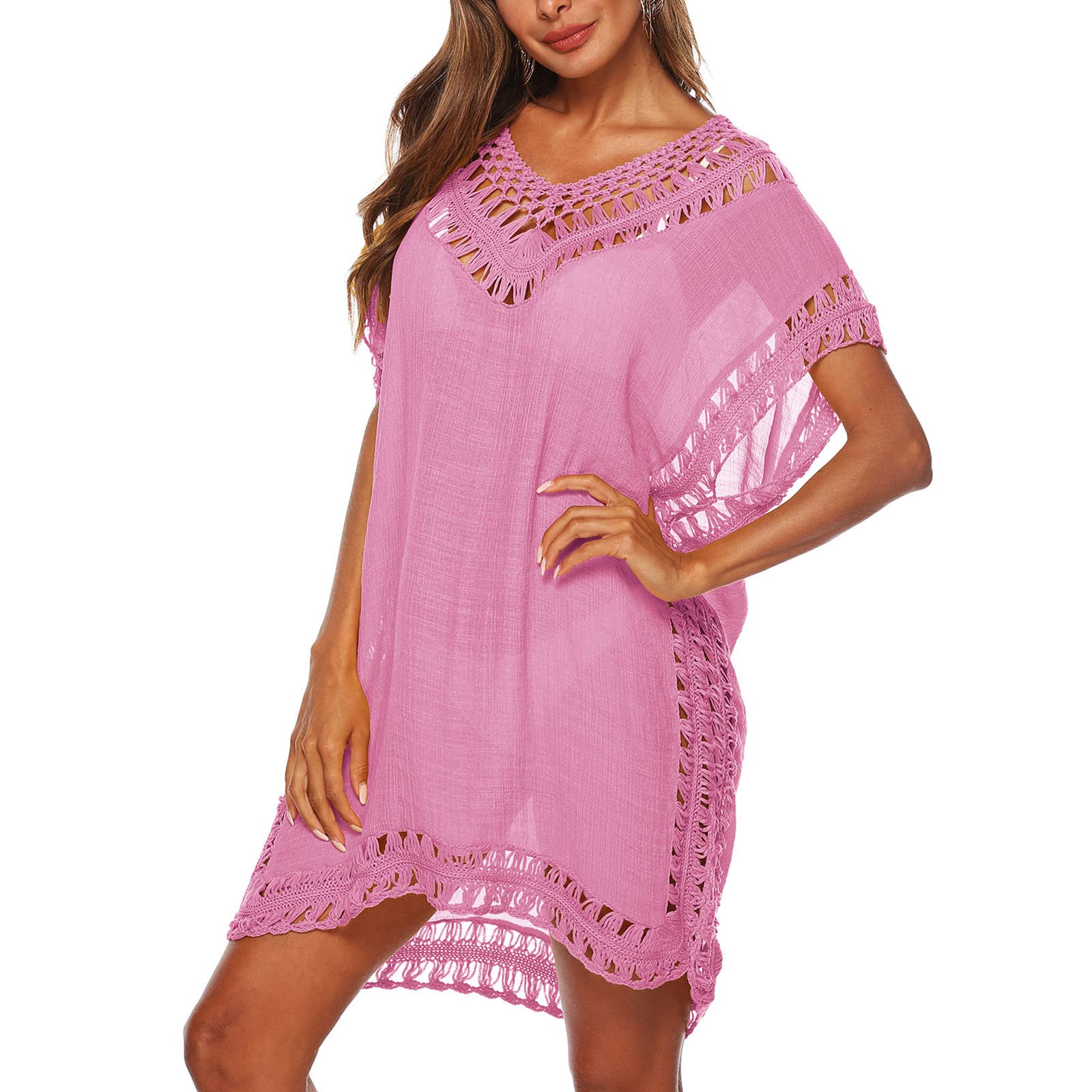 Baynetin Vestido de Playa para Mujer- Cuello en V, Manga Corta, Pareos y Camisola de Playa Sexy Hueco Traje de Baño Punto Bikini Cover up