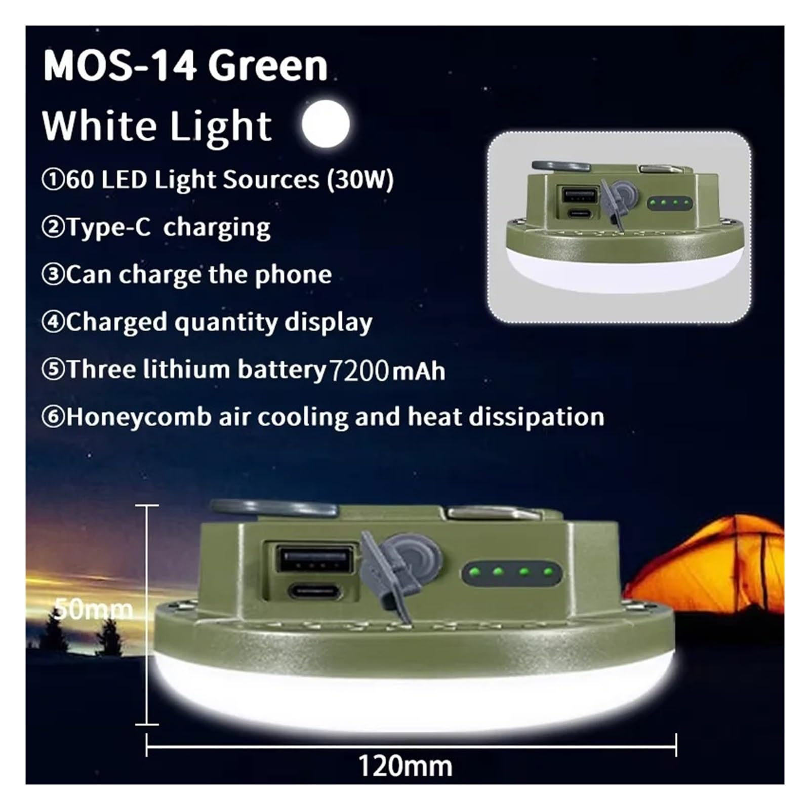 Luz LED For Tienda De Campaña, Linterna Recargable 7200Mah, Lámpara Portátil For Acampar Al Aire Libre, Multifuncional Alta Potencia Resistencia Luces SúPer Brillantes(MOS-14-B-W)