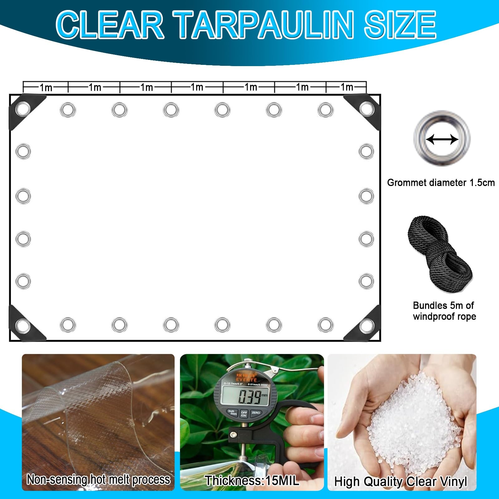 Abdeckplane mit Ösen 200 x 210 cm wasserdichte Transparente PVC-Uv-Beständige & Reißfeste Gewächshausfolie Durchsichtige Tarp, Plane Wasserdicht für Camping Outdoor Garten, A