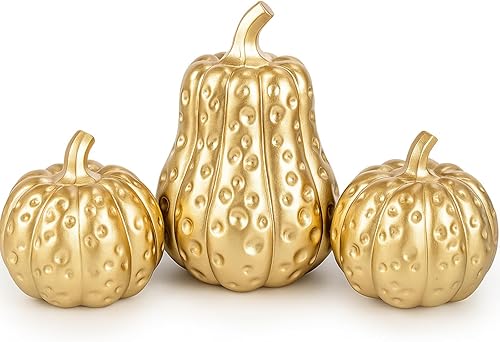 Miniatura 7 de Yookeer 3 piezas de decoración de calabaza de otoño de Acción de Gracias, calabazas decorativas de resina dorada, centro de mesa de otoño, calabaza