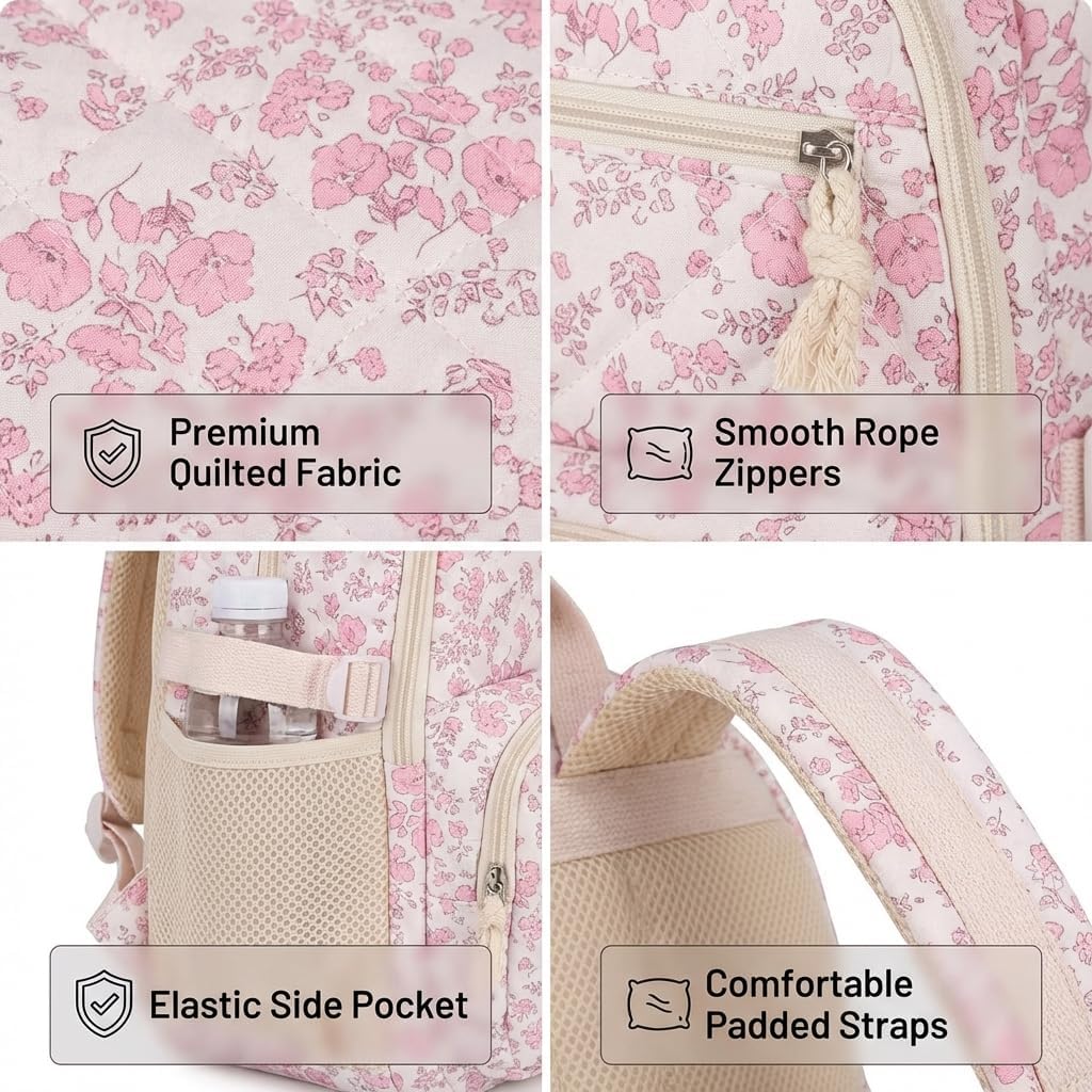 Floral Backpack 3pcs Set for Women Quilted Backpack Coquette Pleasing Kawaii Rucksack Cute Preppy Daypack (pink) image 3