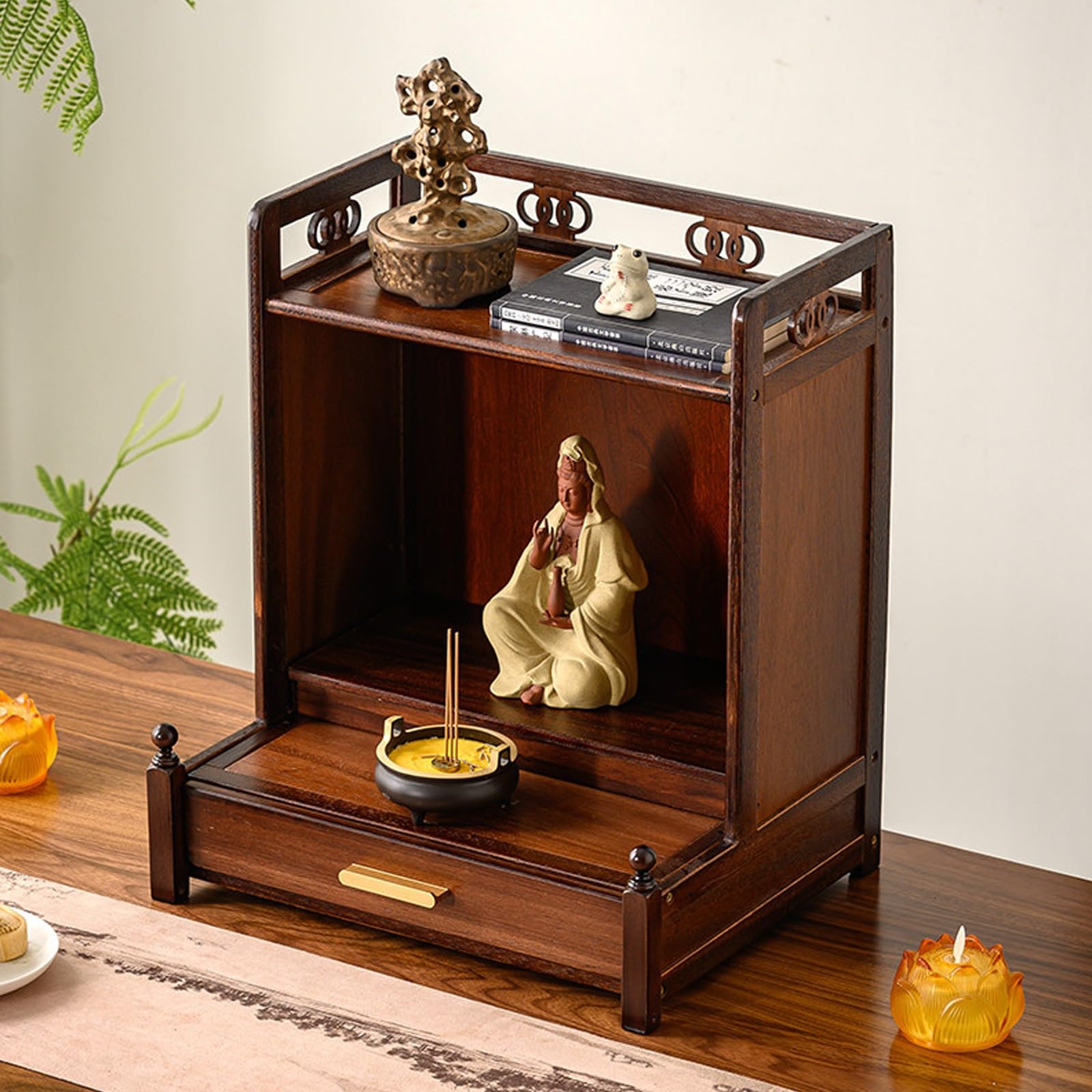 Pooja Mandir Butsudan en bois de noyer avec tiroir de rangement pour organiser votre autel