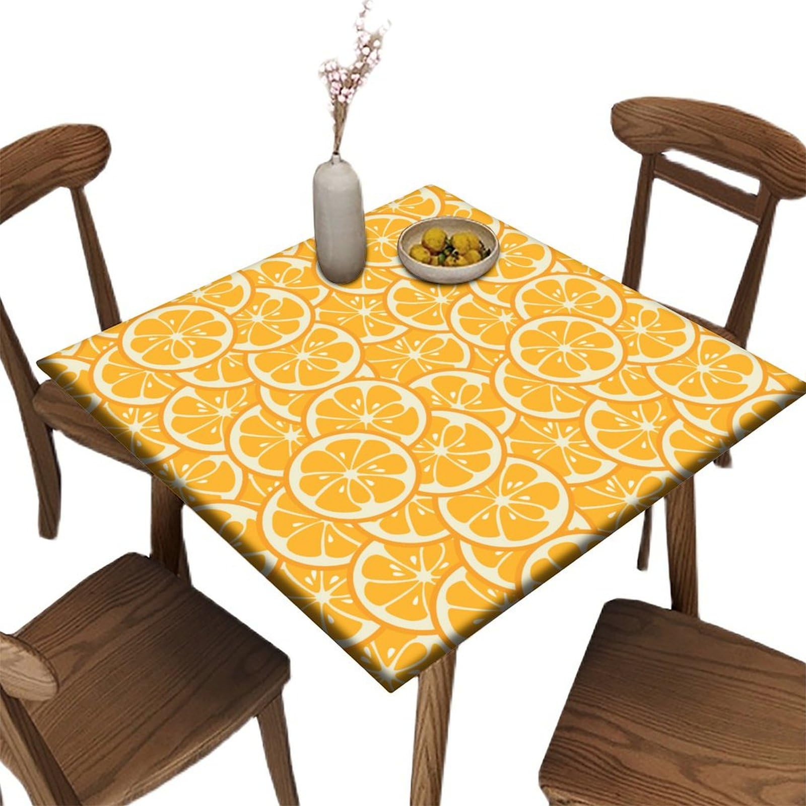 Square Fitted Polyester Tablecloth, Fit for 30" x 30" Square Table, Summer Orange Lemon Elastic Edge Home Decor Tablecloths, Oil & Dust Proof Washable