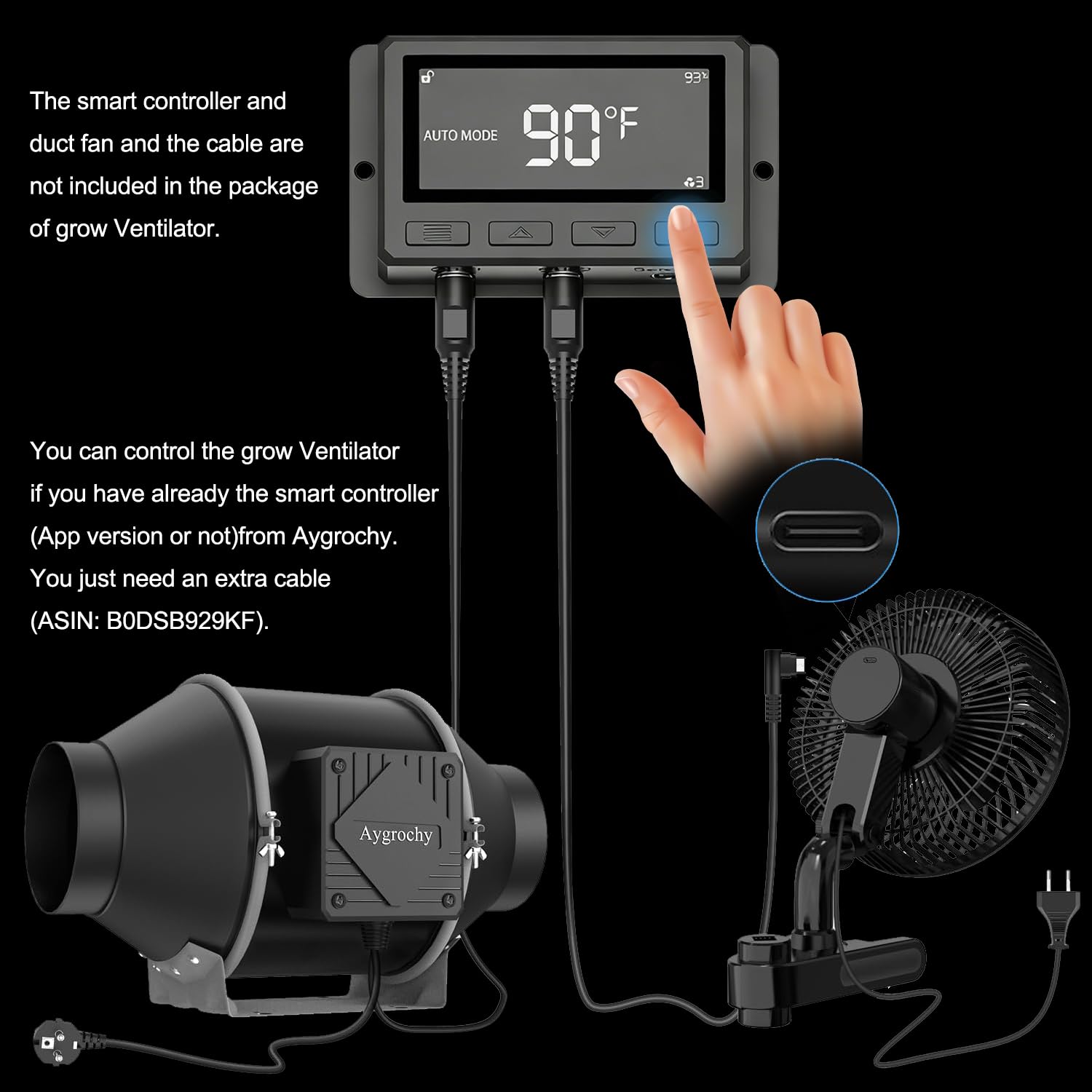 Aygrochy Ventilatore per Coltivazione con Clip, Motori EC 10 Velocità Ventilatore per Crescita con Controllo Smart APP, Grado di Protezione IP-44 Ventilatore Oscillante a Clip per Tenda
