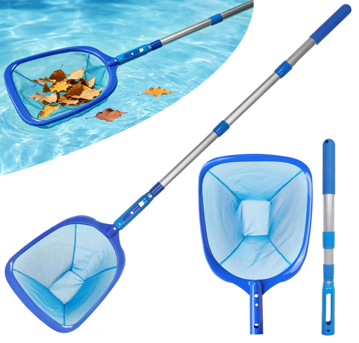 Solkraes Pool Skimmer Net, Swimming Pool Net with Extendable Telescopic Pole, Fine Mesh Leaf Cleaner for Swimming Pool, Hot Tub, Spa & Garden Pond, Heavy Duty Deep Bag Net for Fast Debris Removal