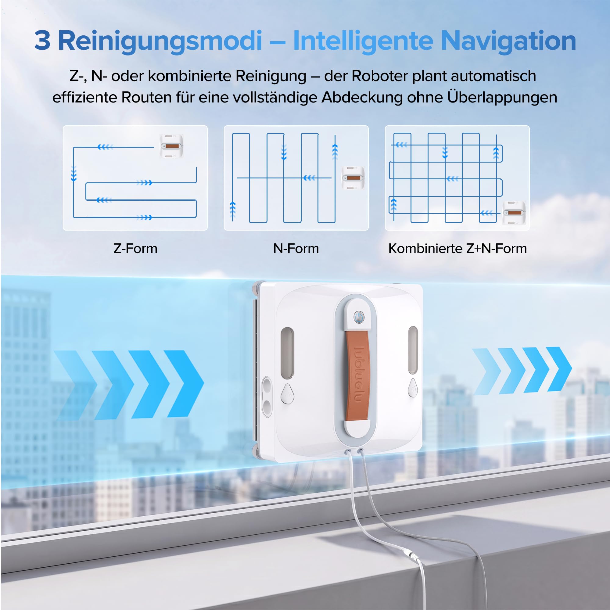 Lubluelu Fensterputzroboter mit KI-Navigation, 8 kPa Saugkraft, Dual-Sprühsystem, 80 ml Wassertank, 8-faches Sicherheitssystem, intelligente Routenplanung für Fenster, Spiegel & Fliesen (Weiß)