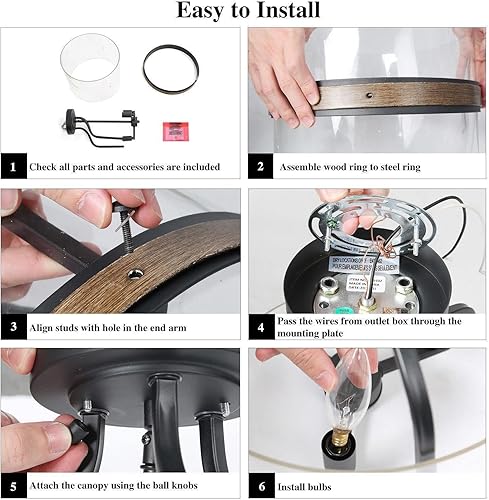 Miniatura 9 de Lámpara de techo semiempotrada de granja, cerca del techo con madera sintética y vidrio transparente para pasillo, dormitorio, cocina, vestíbulo y