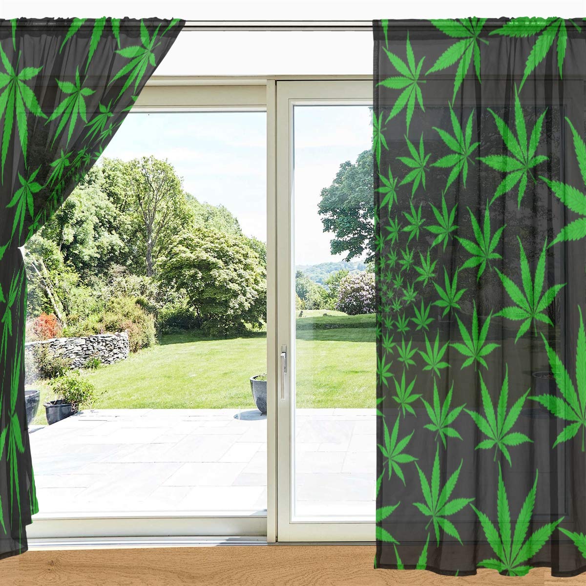 Amazon.com: My Daily Green Cannabis Marijuana Leaf Print Sheer Window Door  Curtain 2 Panels 55
