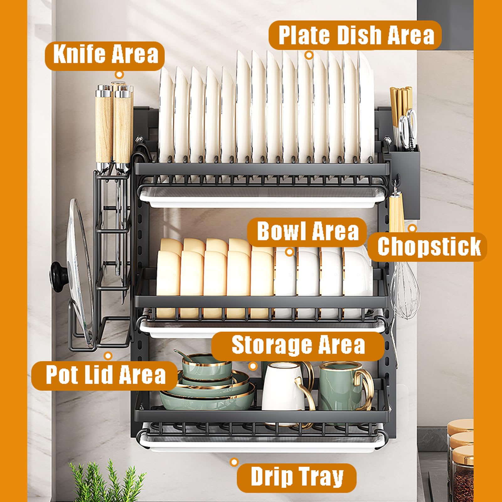 Escurridor de Platos de Pared, escurridor de Platos de Cocina de 2/3 Niveles, Rejilla para secar Platos, escurridor de Platos Colgante con Ganchos, Ajustable, para Utensilios de Cocina.