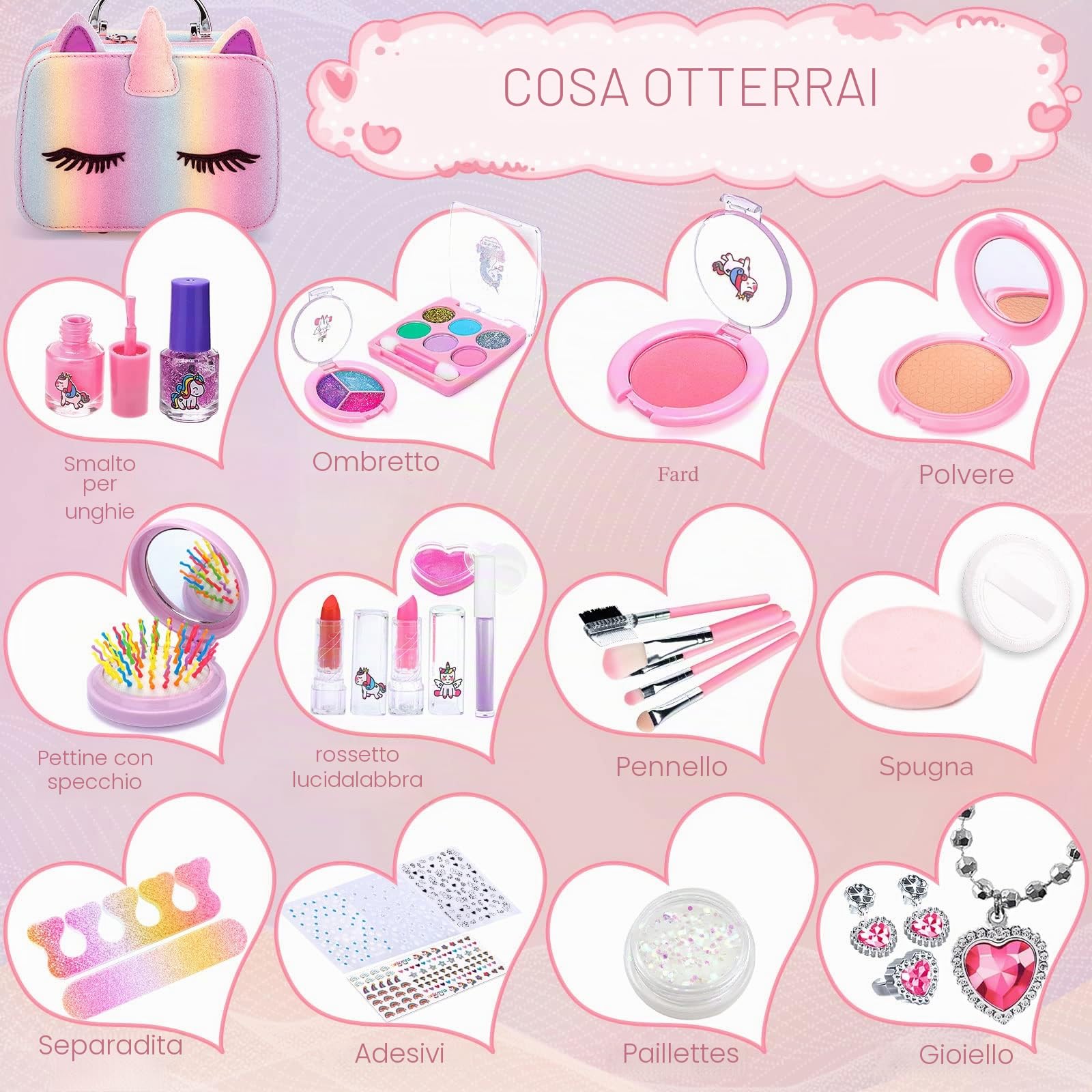 Trucchi Bambina Set 31 pezzi, Lavabile set di trucchi per bambini, Trucchi bambina anallergici, Valigetta Trucchi Bambina, Giochi Regali di Compleanno di Natale per Ragazze 3 4 5 6 7 8 9 10