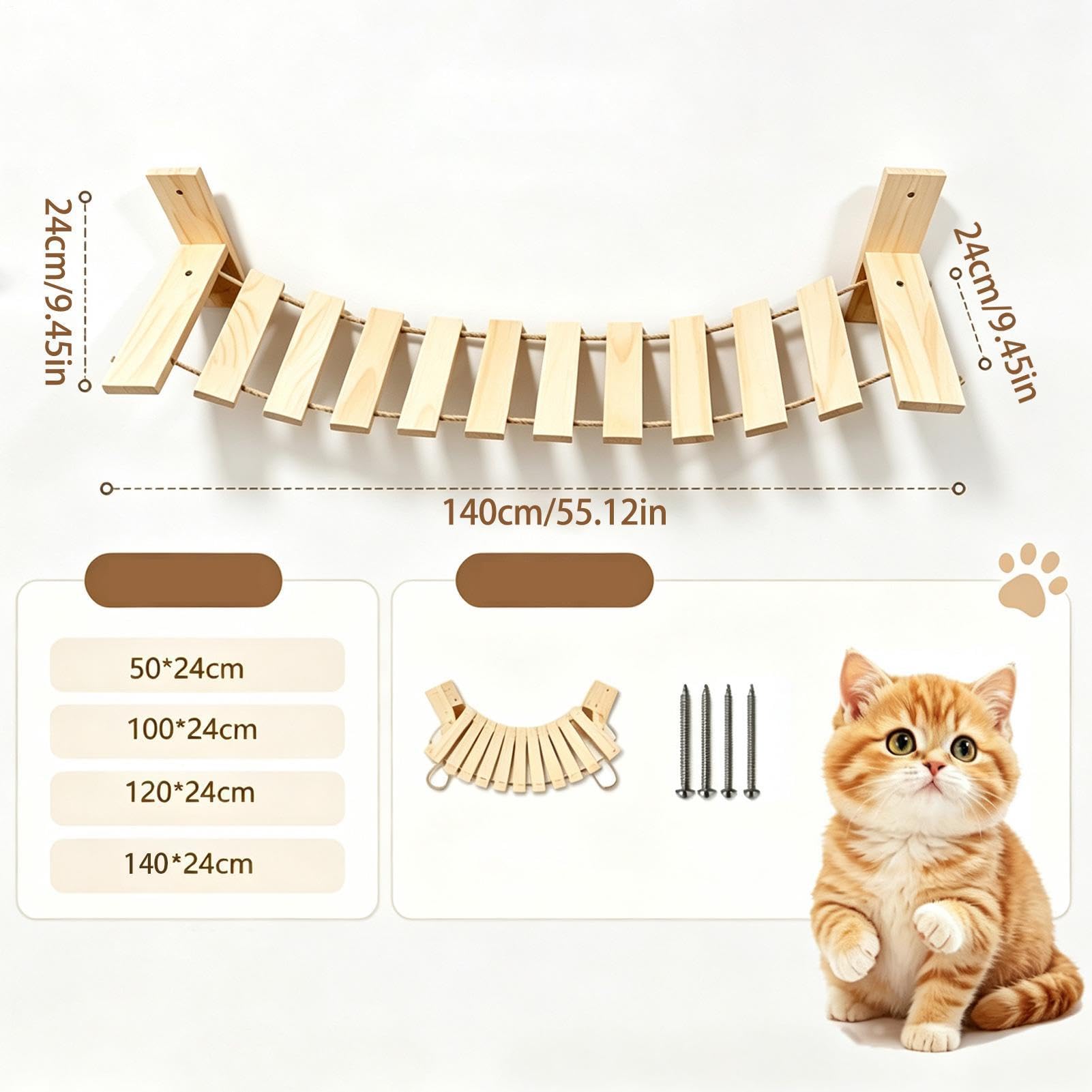 Wooden Cat Wall Shelf with Hanging Bridge for Indoor Kittens and Cats