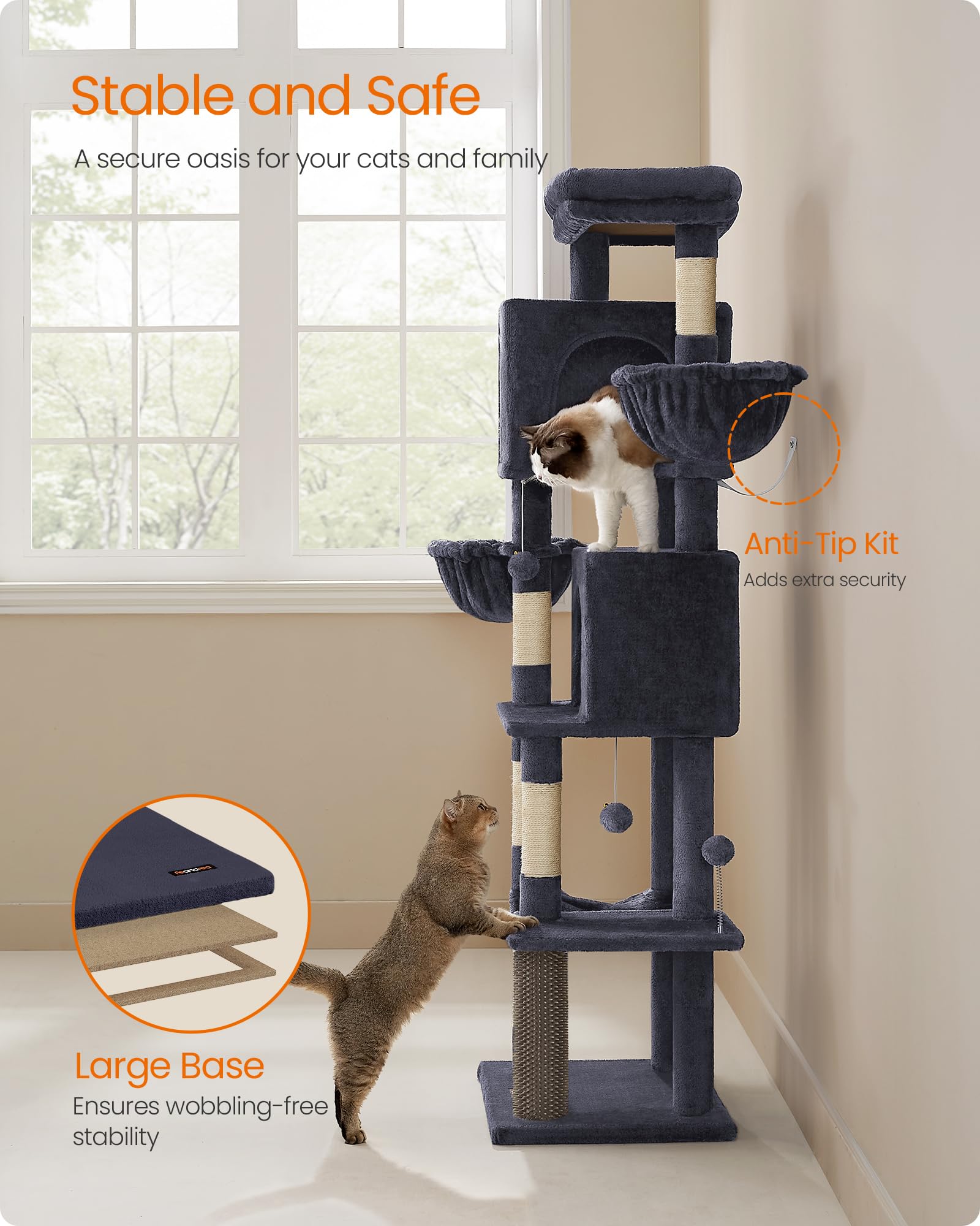Feandrea Large Cat Tree, 175 cm Tall Cat Tower, Multi-Level Cat Condo with 2 Caves, 2 Baskets, 5 Scratching Posts, Self-Groomer, Perch, Hammock, for Indoor Cats, Dark Grey PCT182G02