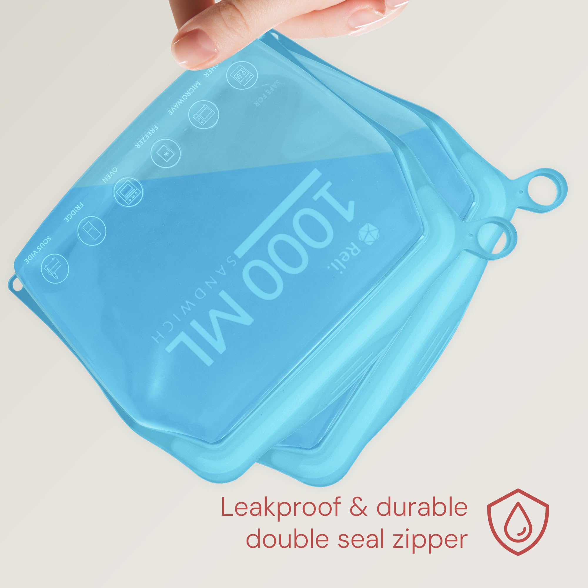 Reli. Sacchetti riutilizzabili in silicone (confezione da 2) | Sandwich (1000 ml), Aqua | Sacchetti in silicone per la conservazione degli alimenti | Sacchetti riutilizzabili per alimenti,