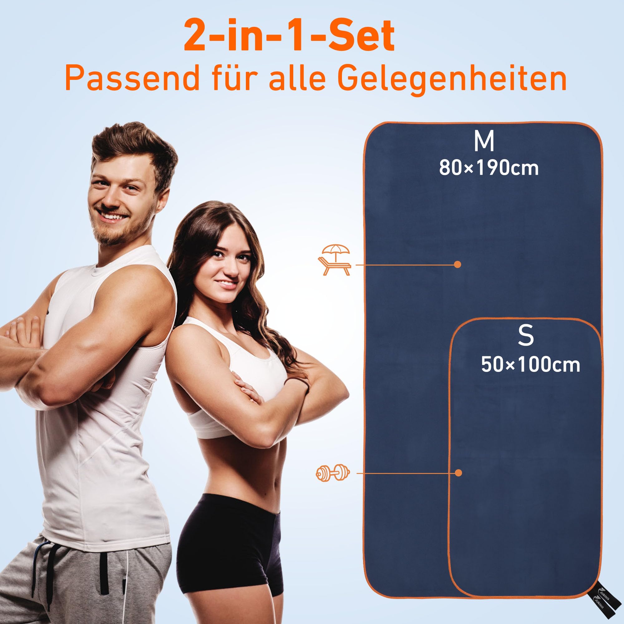 Jokisa 2 Set Asciugamano Microfibra (180x90cm Telo Grande+100x50cm Telo Palestra),Asciugatura Rapida e Senza Sabbia Telo Mare,Asciugamani Palestra Adatto per Fitness,Spiaggia