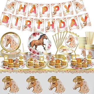 186PCS Horse Birthday Decorations Party Supplies Tableware Serves 20 - Plates Napkins Cups, Cutlery, Straws, Tablecloth, Banner and Cupcake Toppers Horse Party Decorations for Girls Kids