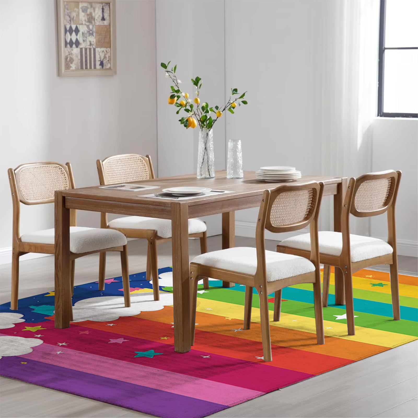 Kurzflor Kinderteppich für Jungen und Mädchen 140 x 200 cm Regenbogen - Wolken Streifen - Waschbarer Teppich Extra Weich und Antiallergen - Teppich Kinderzimmer, Babyzimmer und Spielzimmer