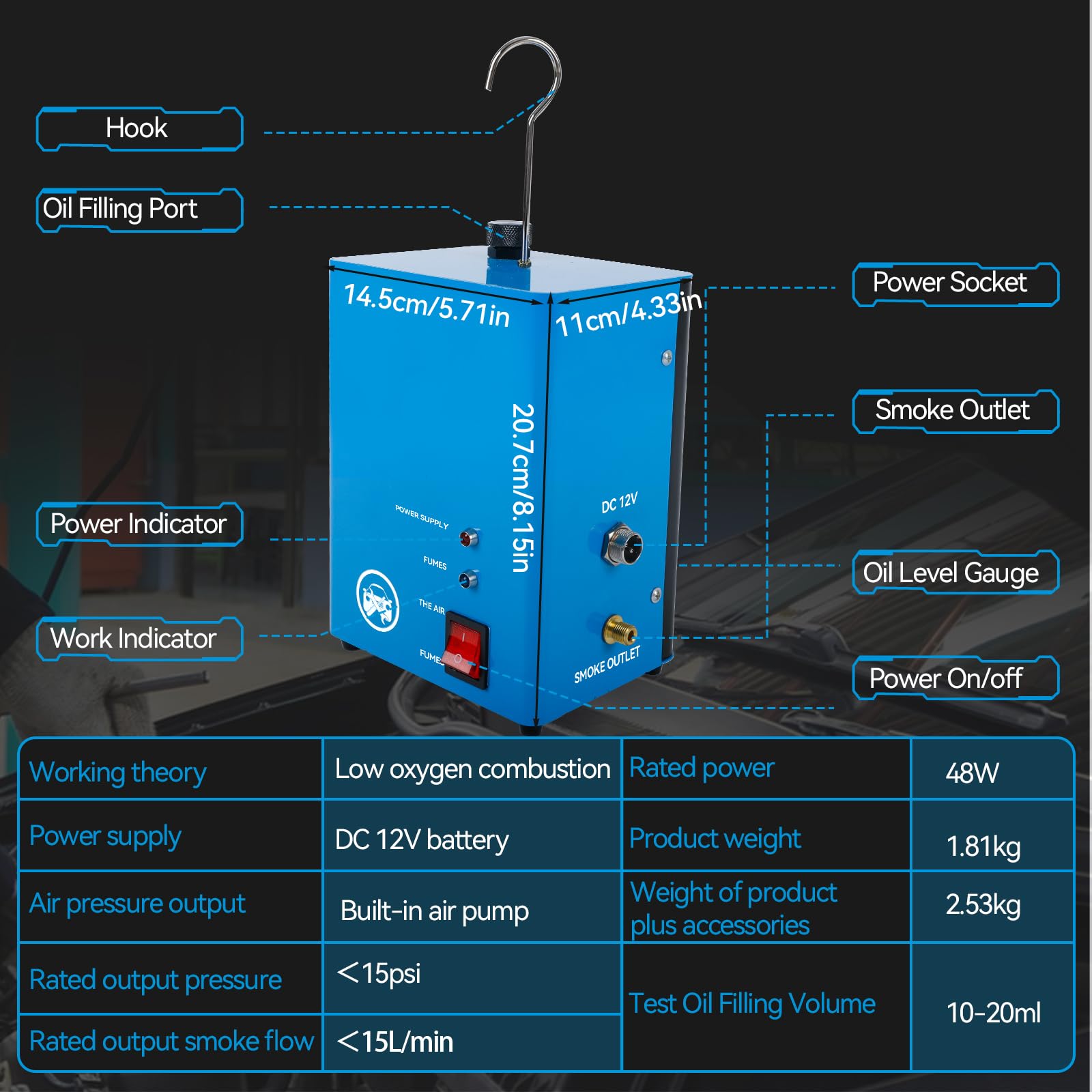 Detector de fugas para máquina de humo de coche, máquina de niebla automotriz, comprobador de fugas de combustible de CC de 12 V con bomba integrada y gancho de detección de fugas de vacío para vehícu